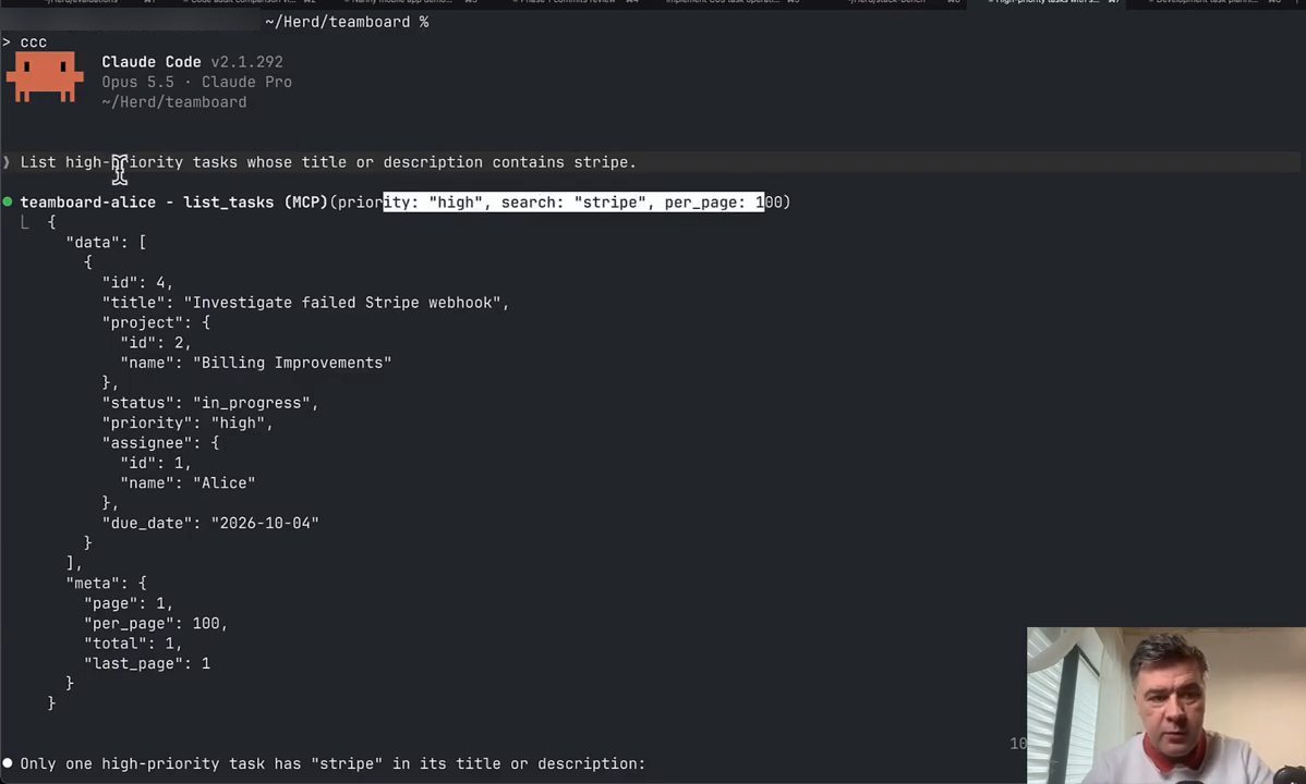 Claude Code mở rộng lời gọi list_tasks với tham số và kết quả JSON