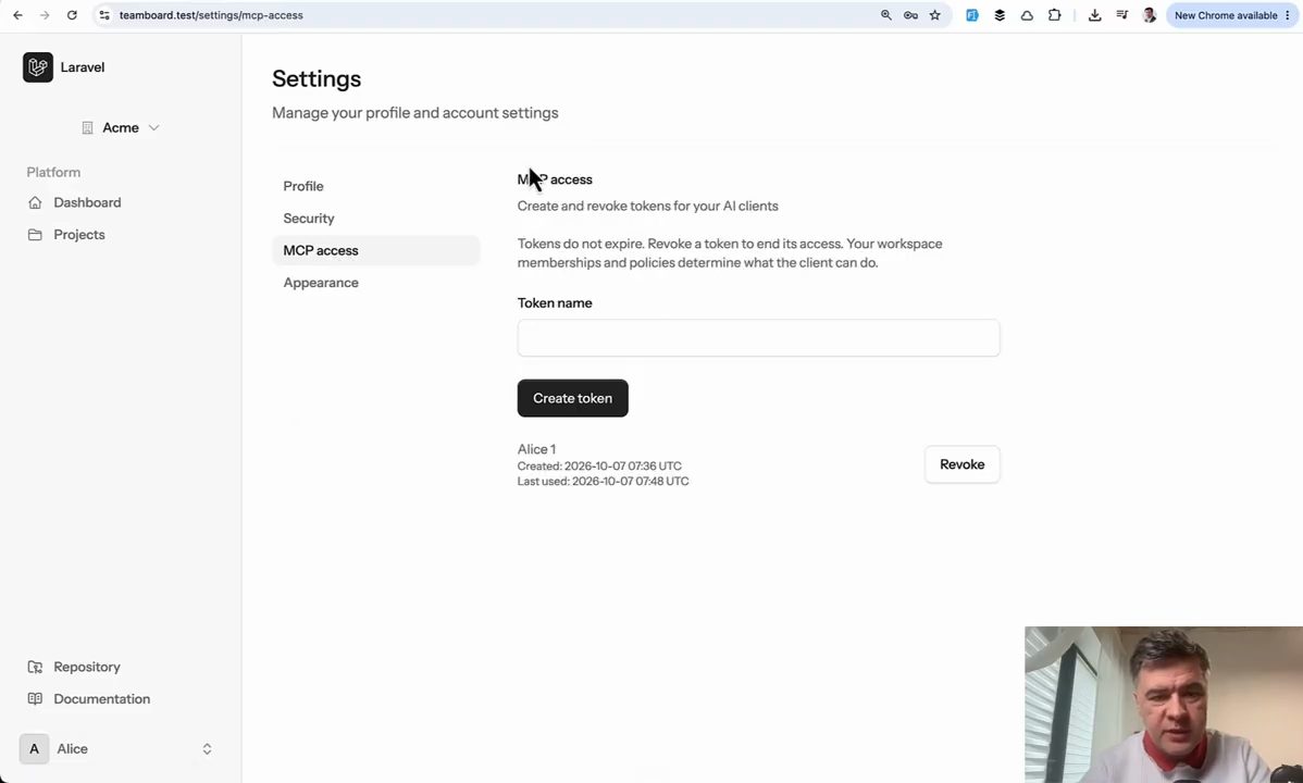 Trang Settings, mục MCP access để tạo và thu hồi token