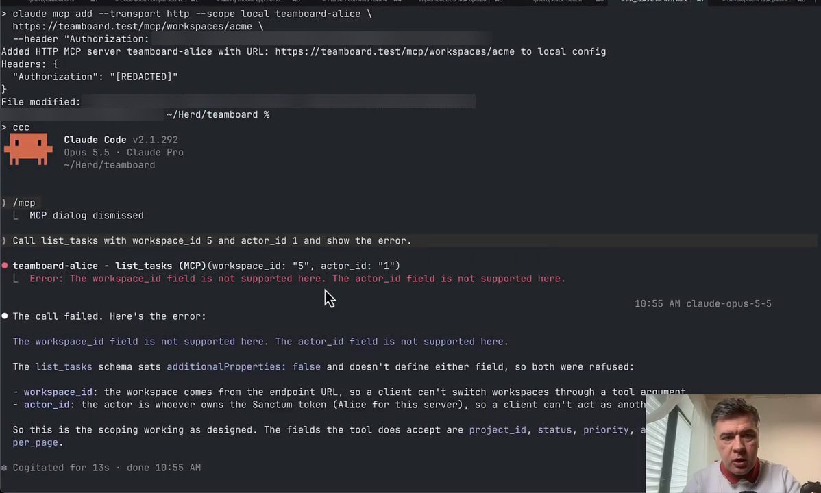 Claude Code báo lỗi khi gọi list_tasks với workspace_id và actor_id