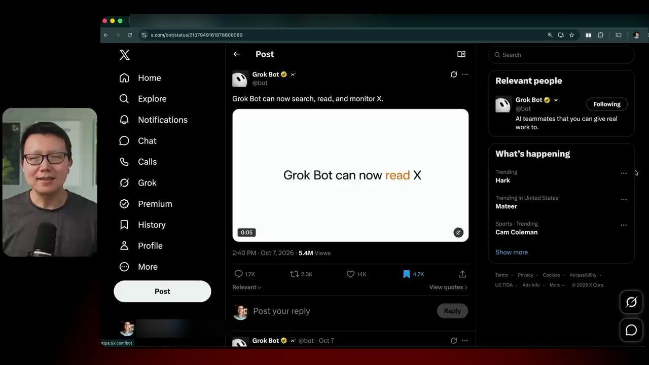 Bài đăng của tài khoản Grok Bot trên X: Grok Bot can now search, read, and monitor X