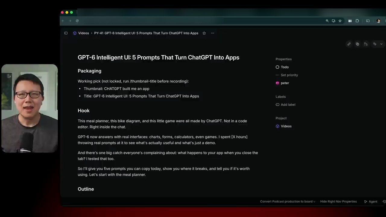 Ticket Linear GPT-6 Intelligent UI: 5 Prompts That Turn ChatGPT Into Apps với các mục Packaging, Hook và Outline