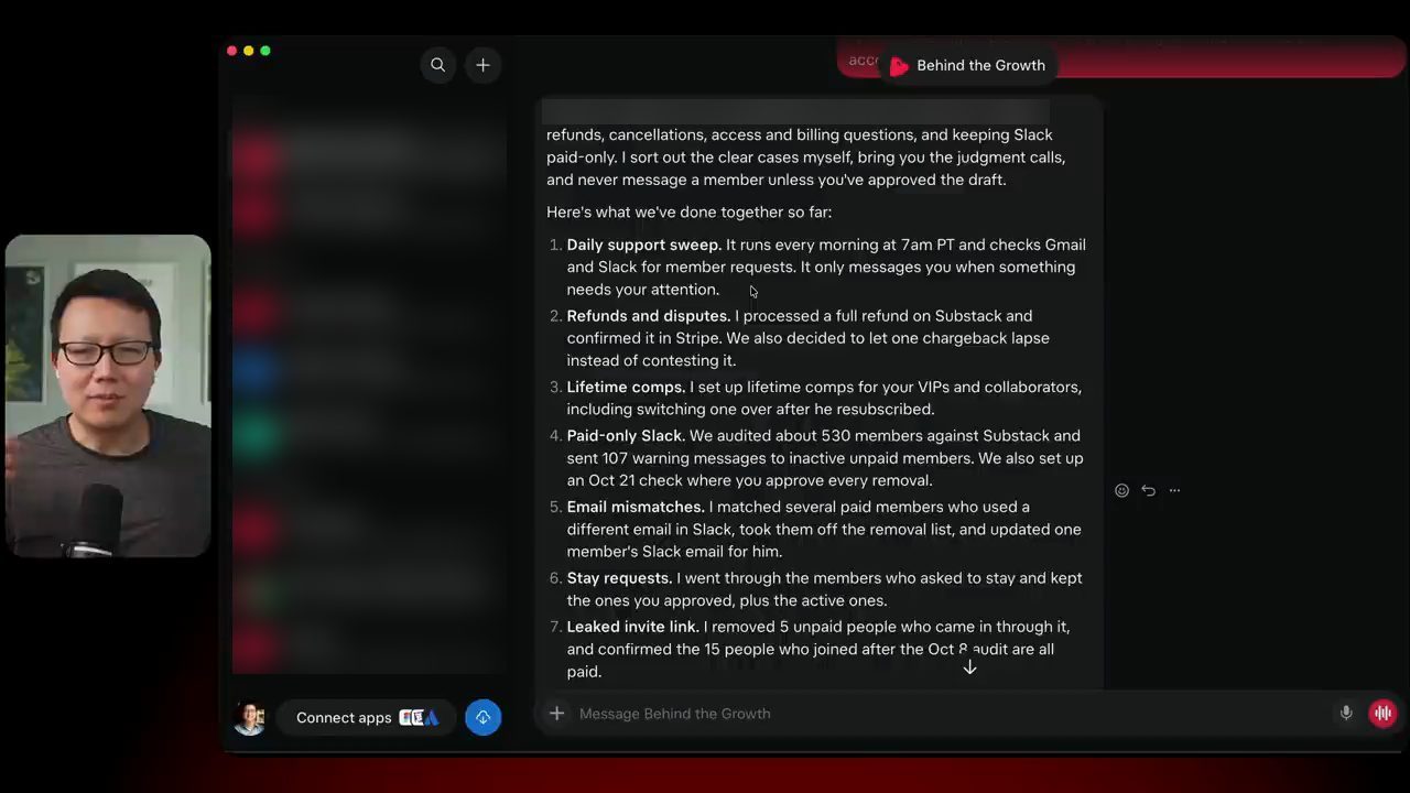Thread của bot Behind the Growth liệt kê những việc support nó đã làm