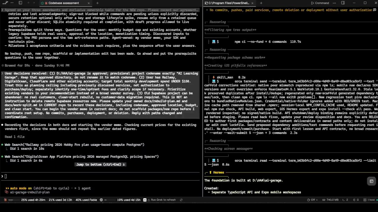 Orca chia hai panel: Claude Code bên trái, Hermes Agent trong PowerShell bên phải
