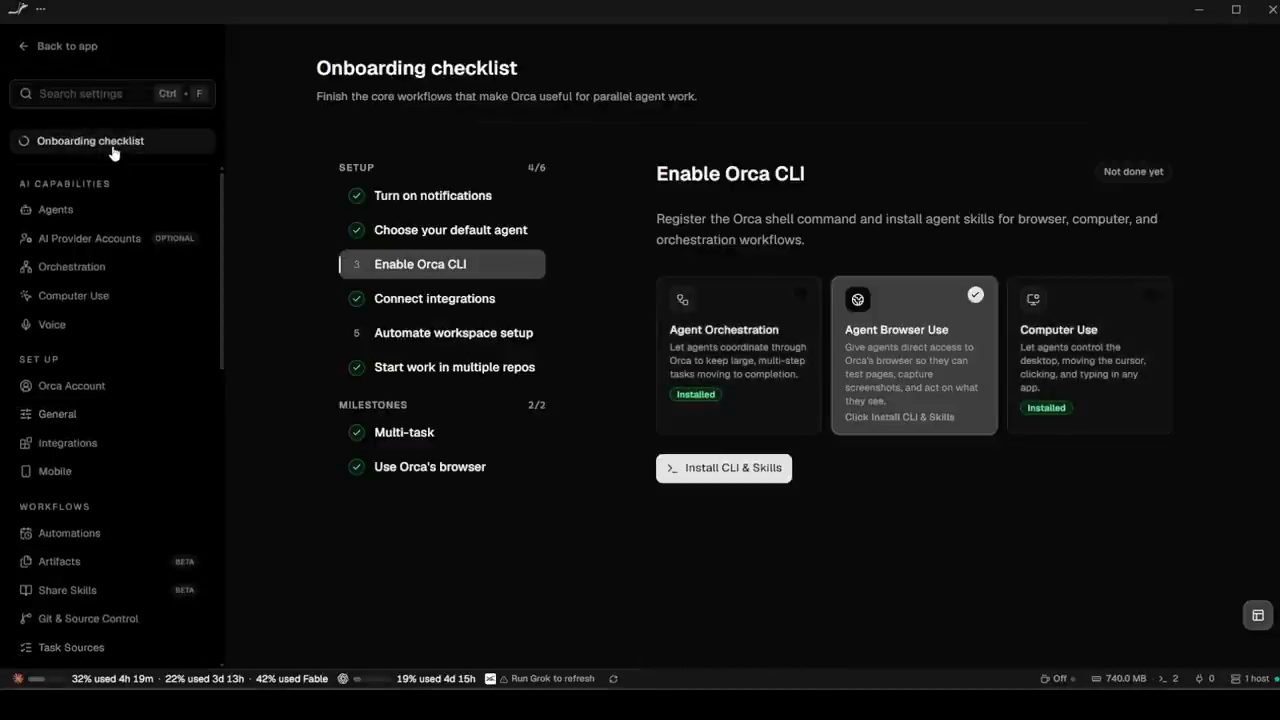 Orca Settings, Onboarding checklist, mục Enable Orca CLI