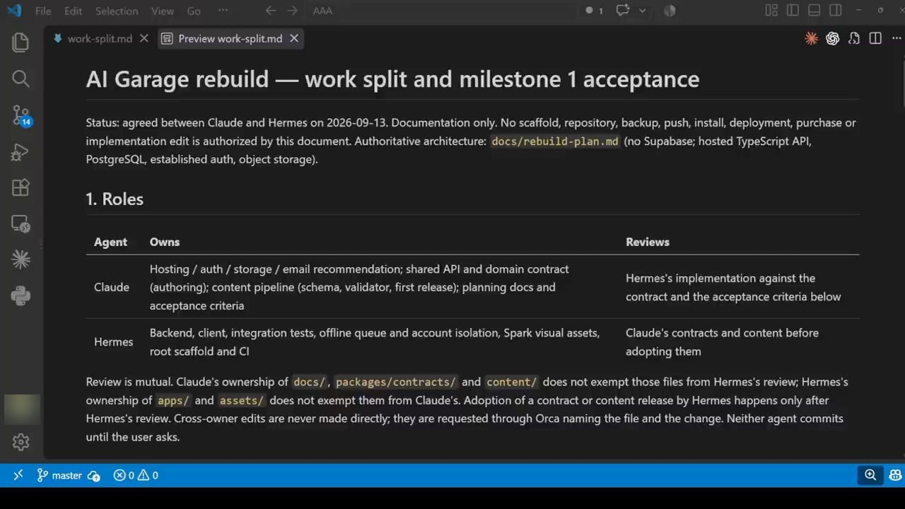 Preview work-split.md: AI Garage rebuild, work split and milestone 1 acceptance
