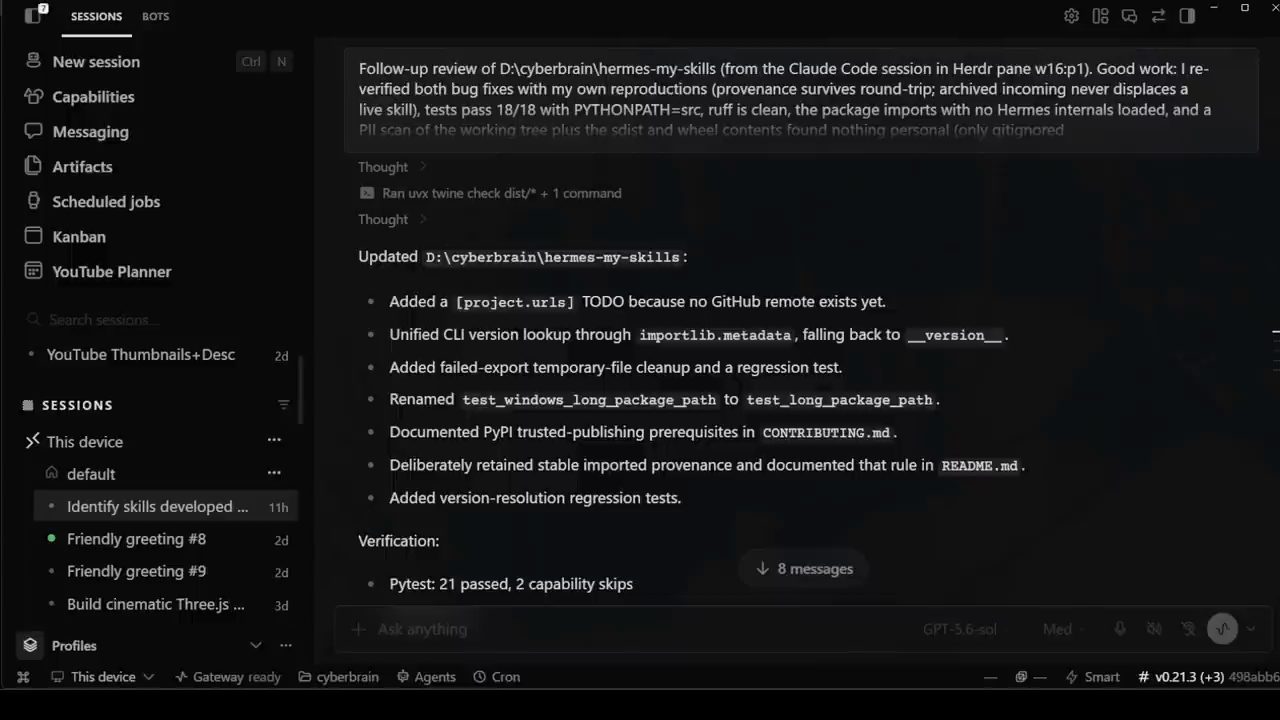 Hermes desktop app với danh sách session và một bản follow-up review