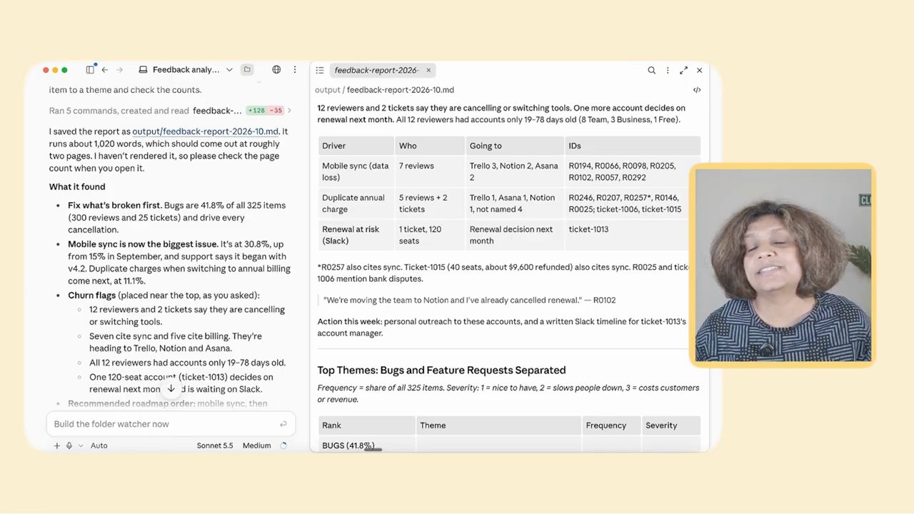 Bên trái Claude tóm tắt What it found, bên phải file feedback-report-2026-10.md với bảng churn theo driver và phần Top Themes