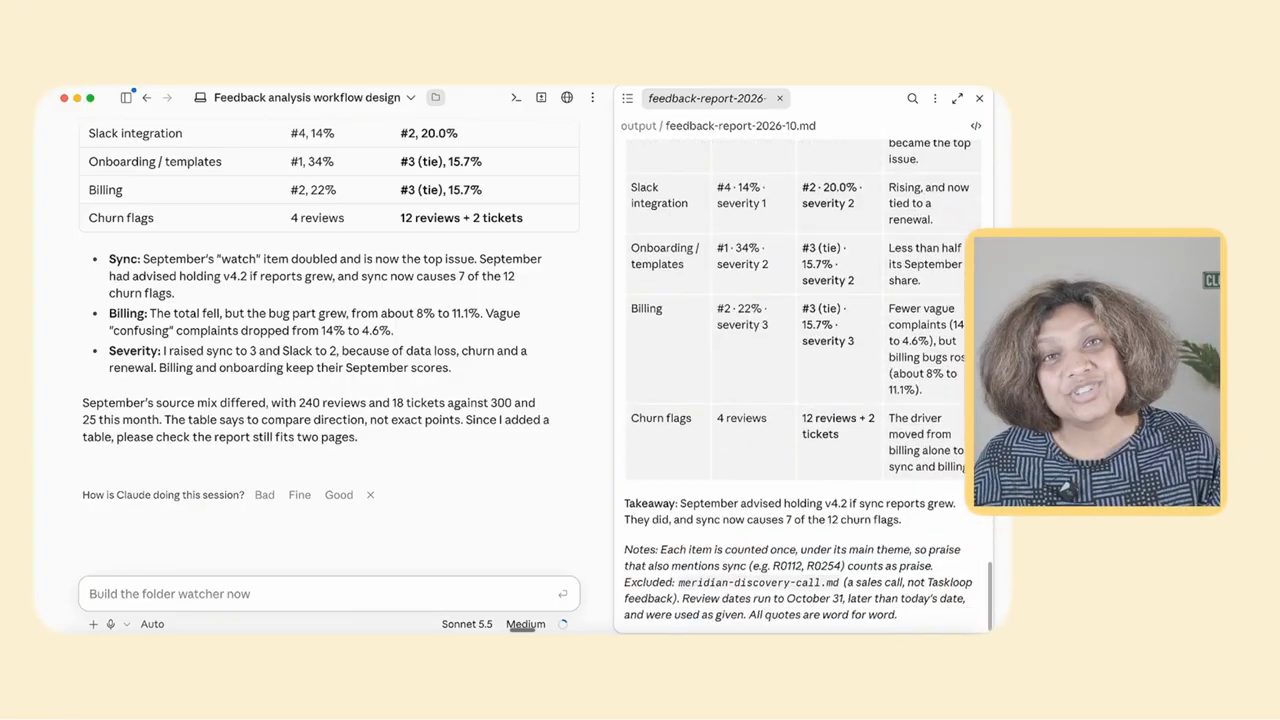 Bảng so sánh tháng 9 và tháng 10: Slack integration từ hạng 4 lên hạng 2, Onboarding từ hạng 1 xuống hạng 3, Billing, Churn flags; phần Takeaway
