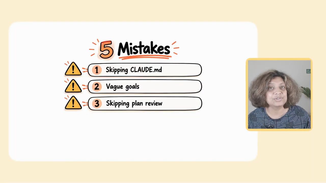 Danh sách 5 Mistakes: Skipping CLAUDE.md, Vague goals, Skipping plan review