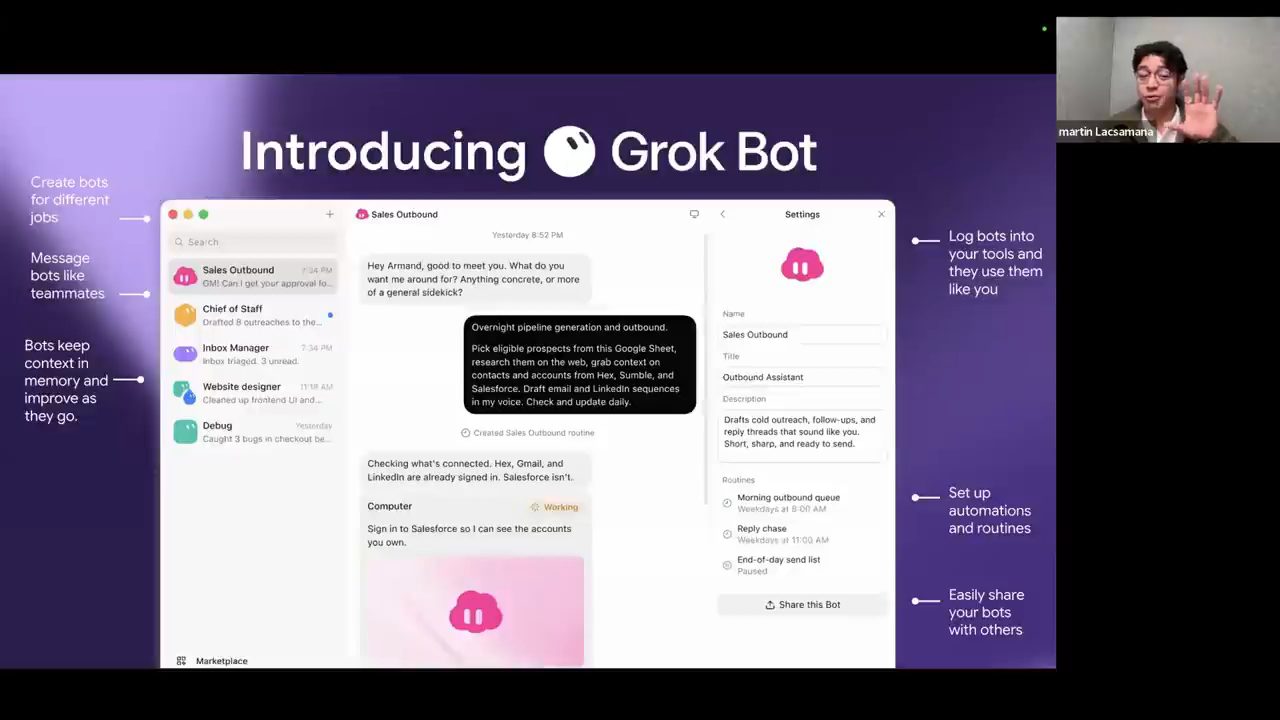 Slide Introducing Grok Bot với giao diện app và các chú thích tính năng