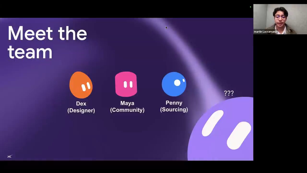 Slide Meet the team với ba bot Dex, Maya, Penny và một bot dấu hỏi