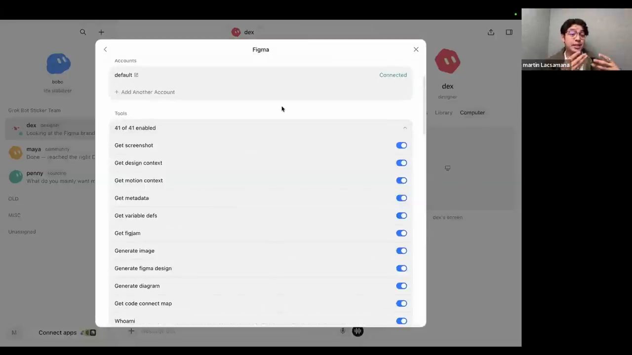 Hộp thoại connector Figma: tài khoản default đã Connected, 41 of 41 tools enabled