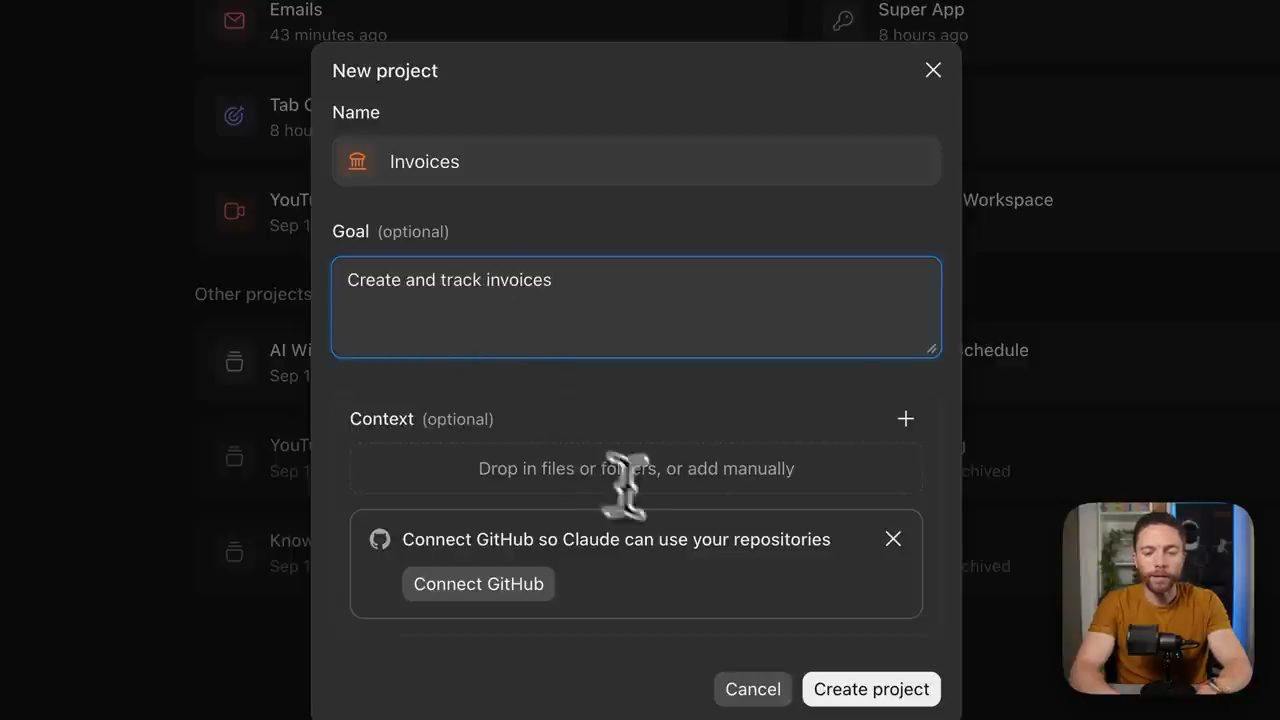 Hộp thoại New project với Name Invoices, Goal Create and track invoices, Context và Connect GitHub