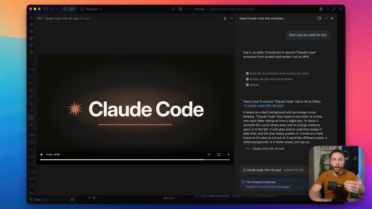 Clip claude-code-title-4k.mp4 với chữ Claude Code và thread Make Claude Code title animation