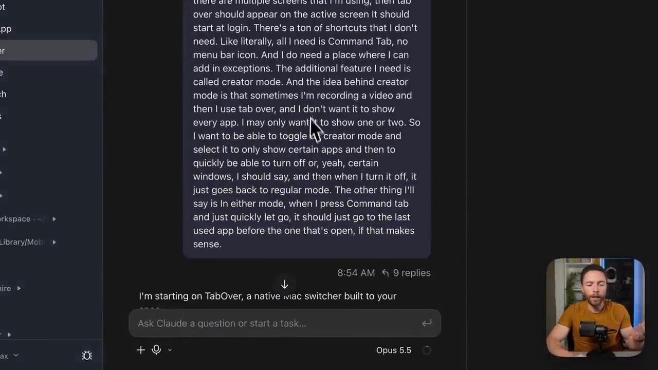 Tin nhắn dài Paul gửi trong project Tab Over mô tả creator mode và Command Tab