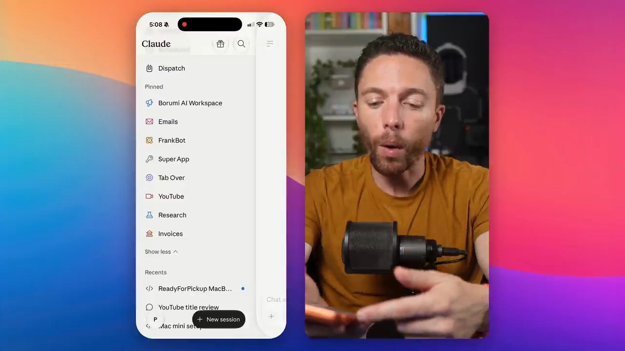 App Claude trên iPhone với menu bên trái: Dispatch, Pinned gồm các project, Recents