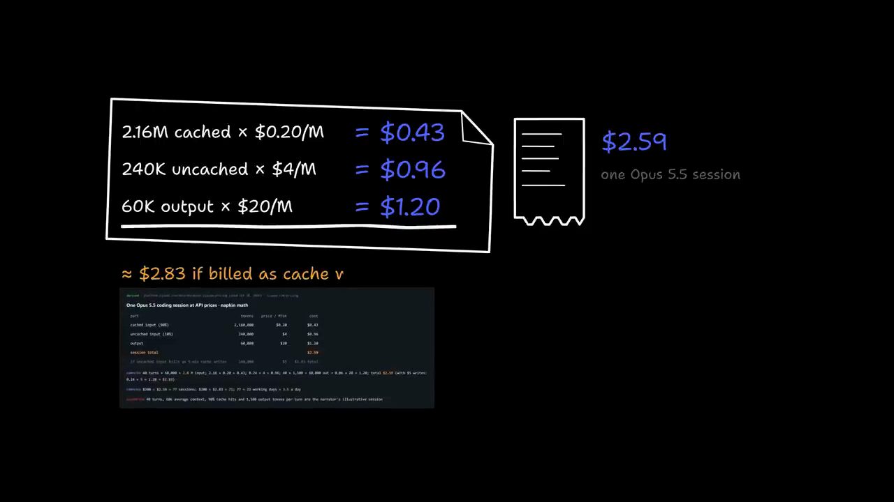 Phép tính 2.16M cached nhân 0.20 đô bằng 0.43, 240K uncached nhân 4 đô bằng 0.96, 60K output nhân 20 đô bằng 1.20, tổng 2.59 đô một session Opus 5.5