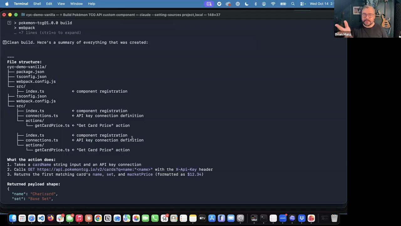 Terminal Claude Code báo Clean build, cây thư mục cyc-demo-vanilla với index.ts, connections.ts, actions/getCardPrice.ts, và mô tả action gọi api.pokemontcg.io