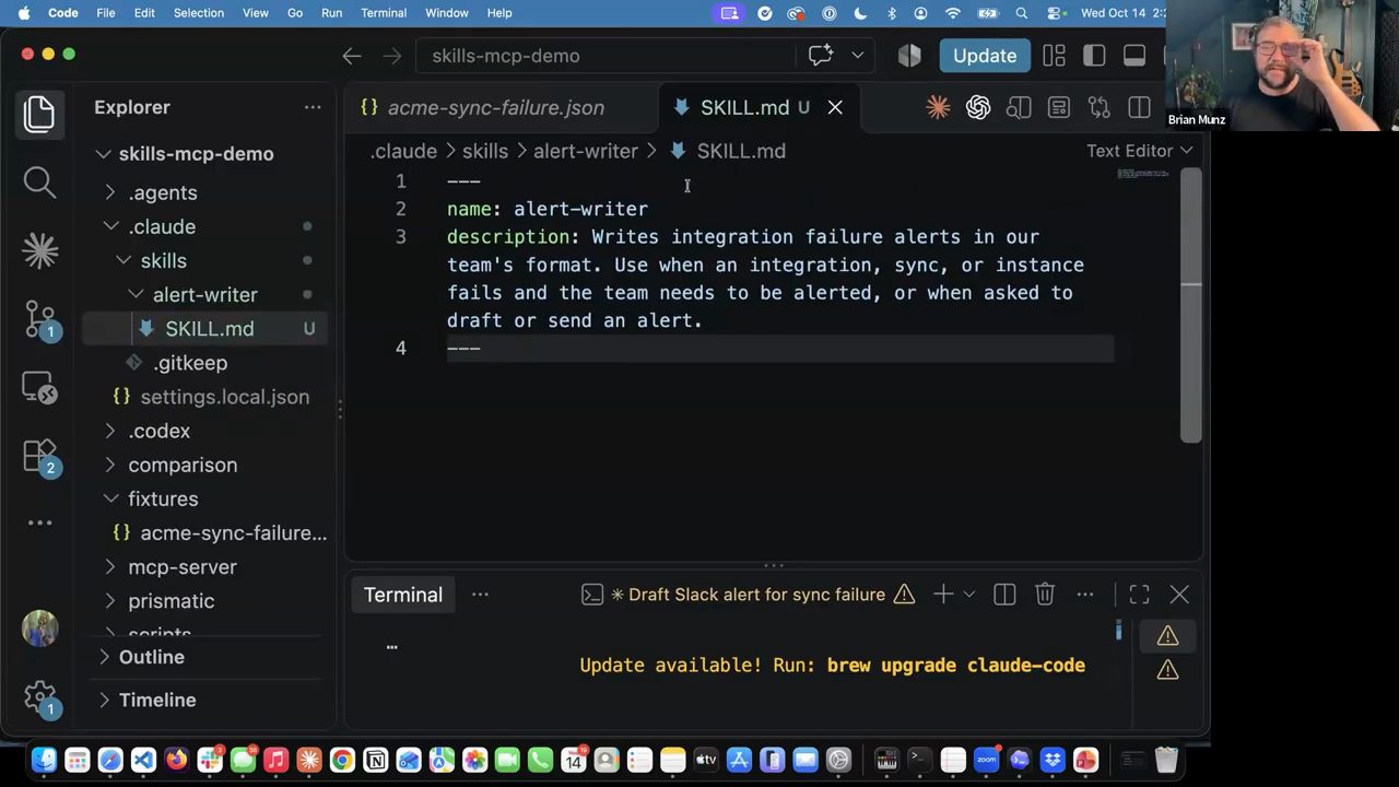 VS Code mở .claude/skills/alert-writer/SKILL.md với front matter name alert-writer và description