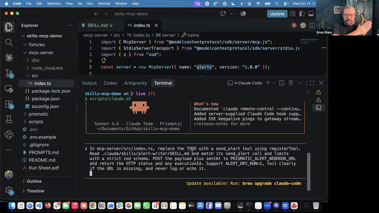 VS Code mở mcp-server/src/index.ts, terminal Claude Code Sonnet 4.6 với prompt thay TODO bằng tool send_alert