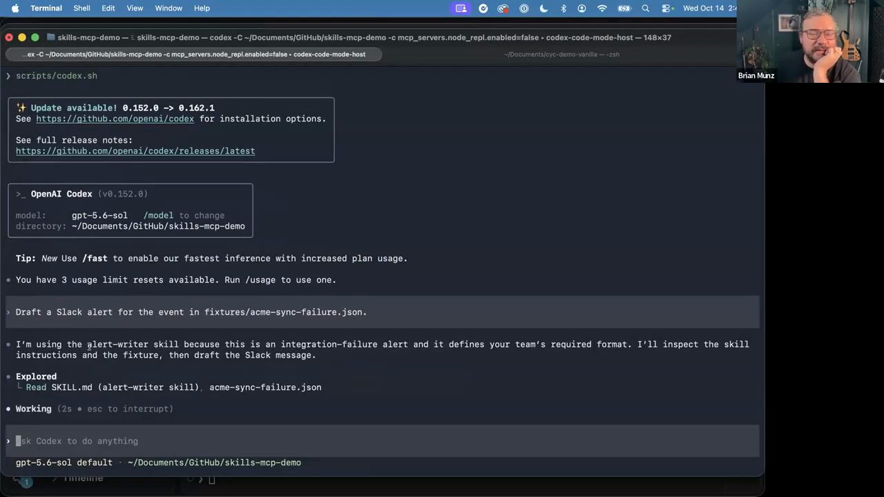 Terminal OpenAI Codex v0.152.0, prompt Draft a Slack alert, Codex trả lời đang dùng skill alert-writer vì đây là integration-failure alert