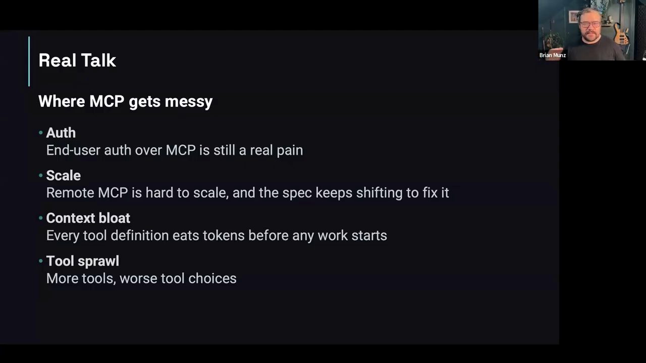Slide Real Talk, Where MCP gets messy: Auth, Scale, Context bloat, Tool sprawl