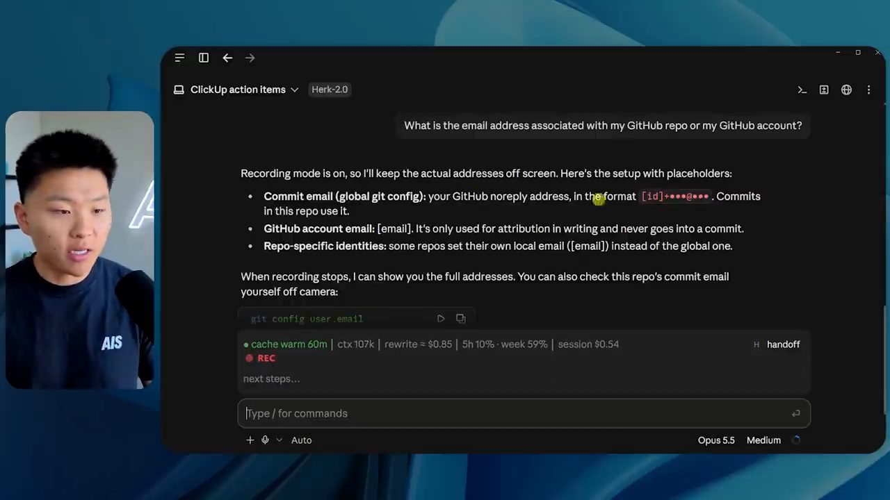 Claude trả lời câu hỏi về email GitHub bằng placeholder vì recording mode đang bật