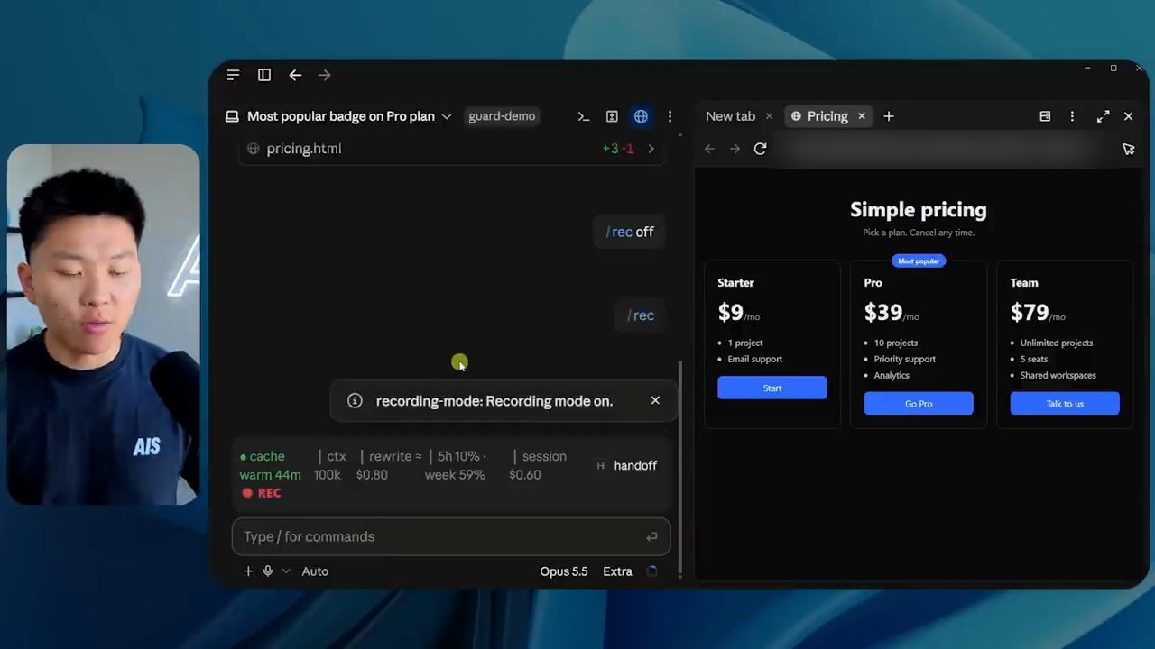 Chat có hai lệnh /rec off và /rec, thông báo recording mode on, bên phải là trang Simple pricing