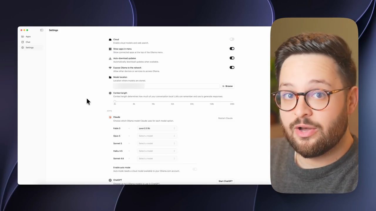 Màn hình Settings của app Ollama với thanh Context length từ 4k đến 256k