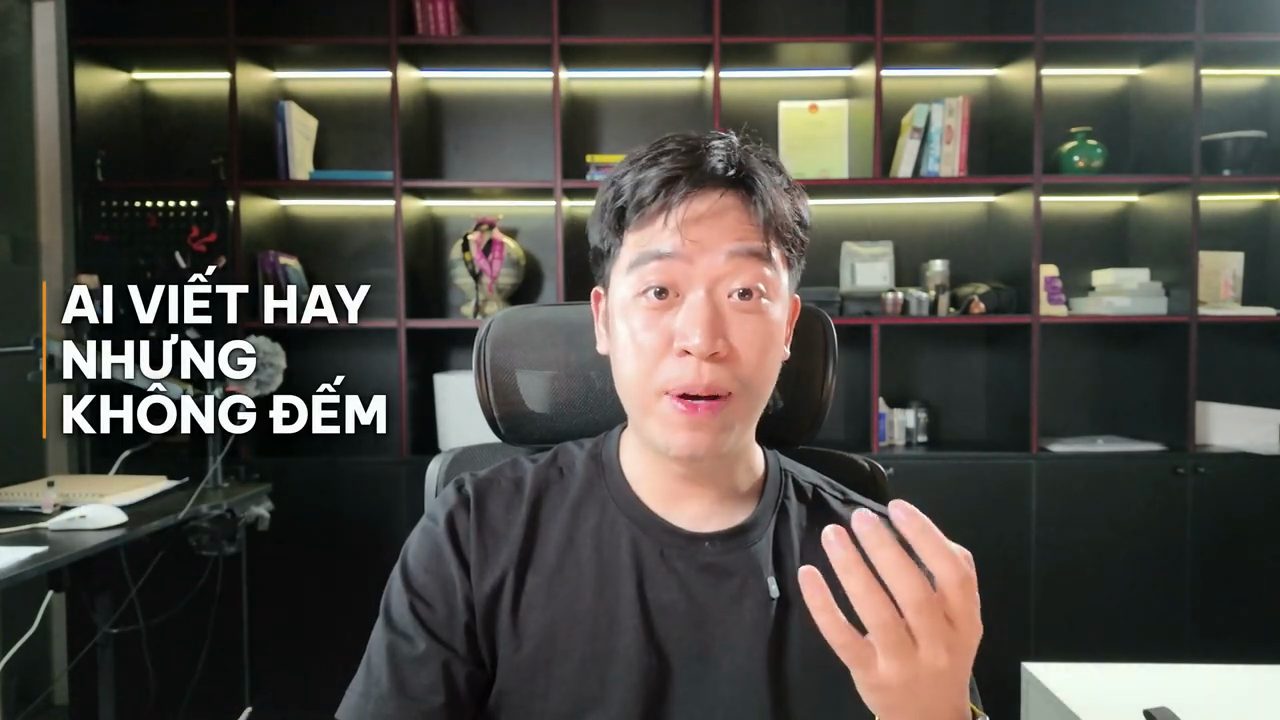Thanh Trần nói, chữ lớn bên trái ghi AI viết hay nhưng không đếm
