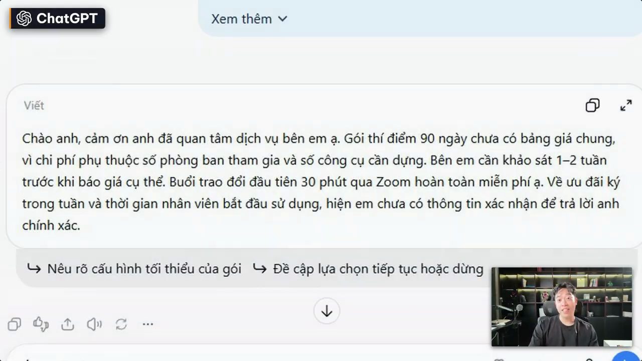 Câu trả lời của ChatGPT cho khách hỏi giá, nói gói thí điểm 90 ngày chưa có bảng giá chung và cần khảo sát 1 đến 2 tuần