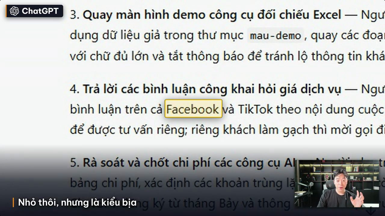 Bản tóm tắt của ChatGPT với mục 4 Trả lời các bình luận công khai hỏi giá dịch vụ, chữ Facebook được tô vàng