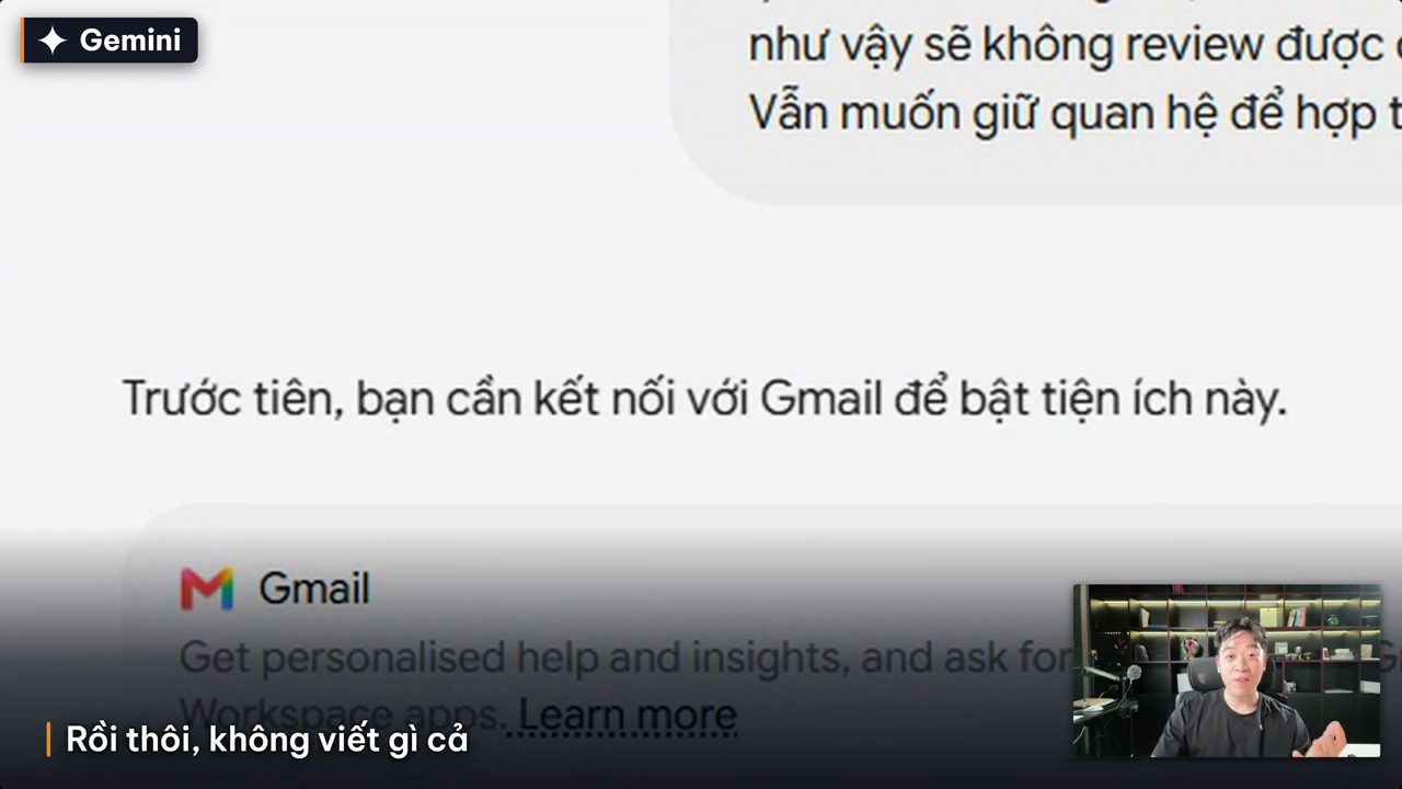 Gemini trả lời Trước tiên, bạn cần kết nối với Gmail để bật tiện ích này, bên dưới là thẻ Gmail