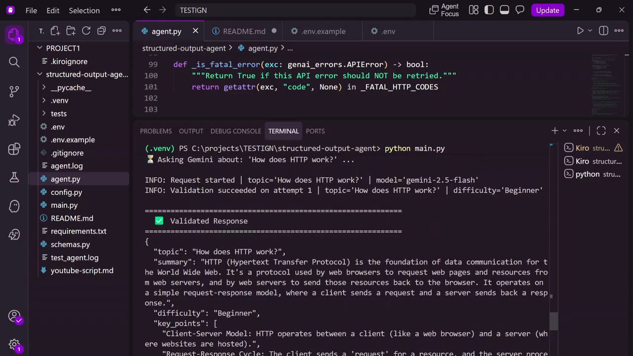 Log INFO: Request started với model gemini-2.5-flash và Validation succeeded on attempt 1, rồi khung Validated Response
