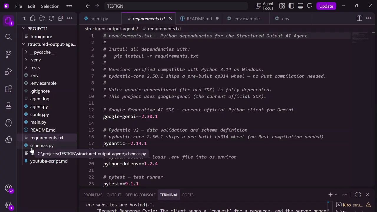 File requirements.txt mở trong Kiro với google-genai, pydantic, python-dotenv và pytest