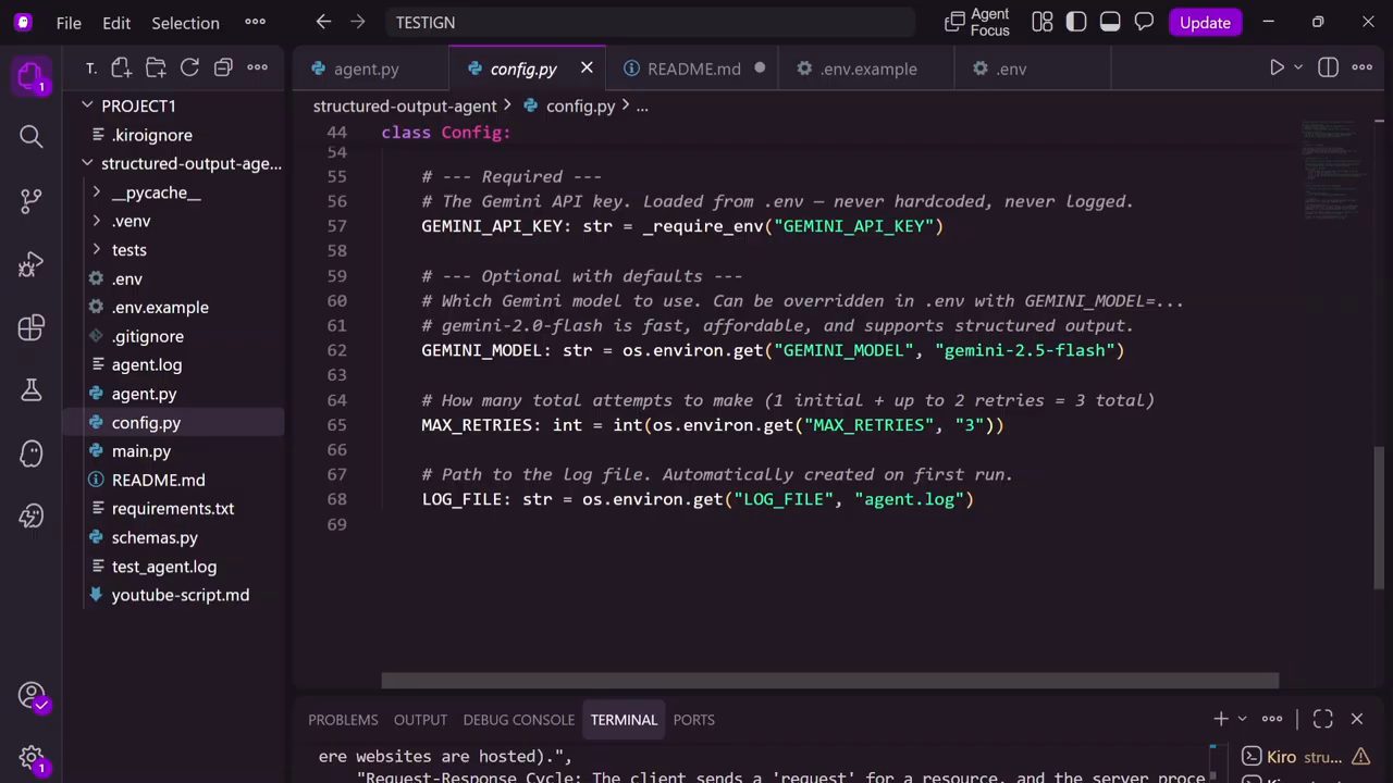 Class Config trong config.py với GEMINI_API_KEY, GEMINI_MODEL, MAX_RETRIES và LOG_FILE