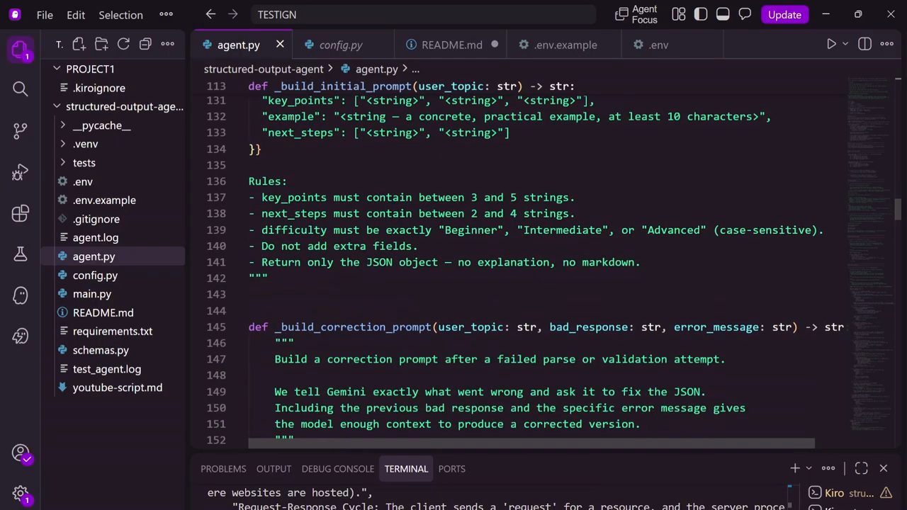 Hàm _build_initial_prompt với phần Rules và hàm _build_correction_prompt trong agent.py