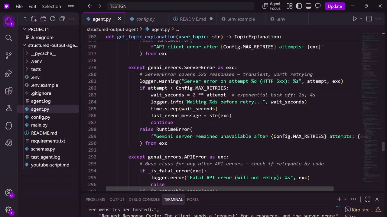 Các nhánh except genai_errors.ServerError và genai_errors.APIError trong agent.py