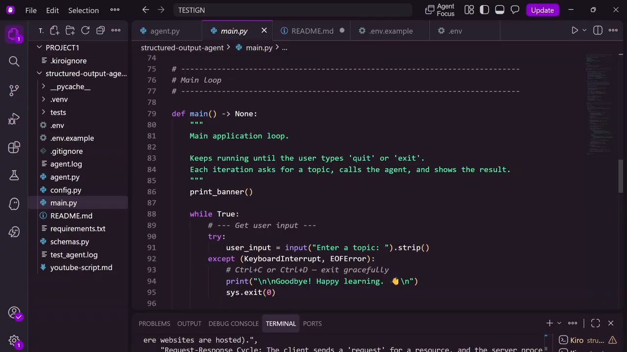 Hàm main trong main.py với vòng while True và input Enter a topic