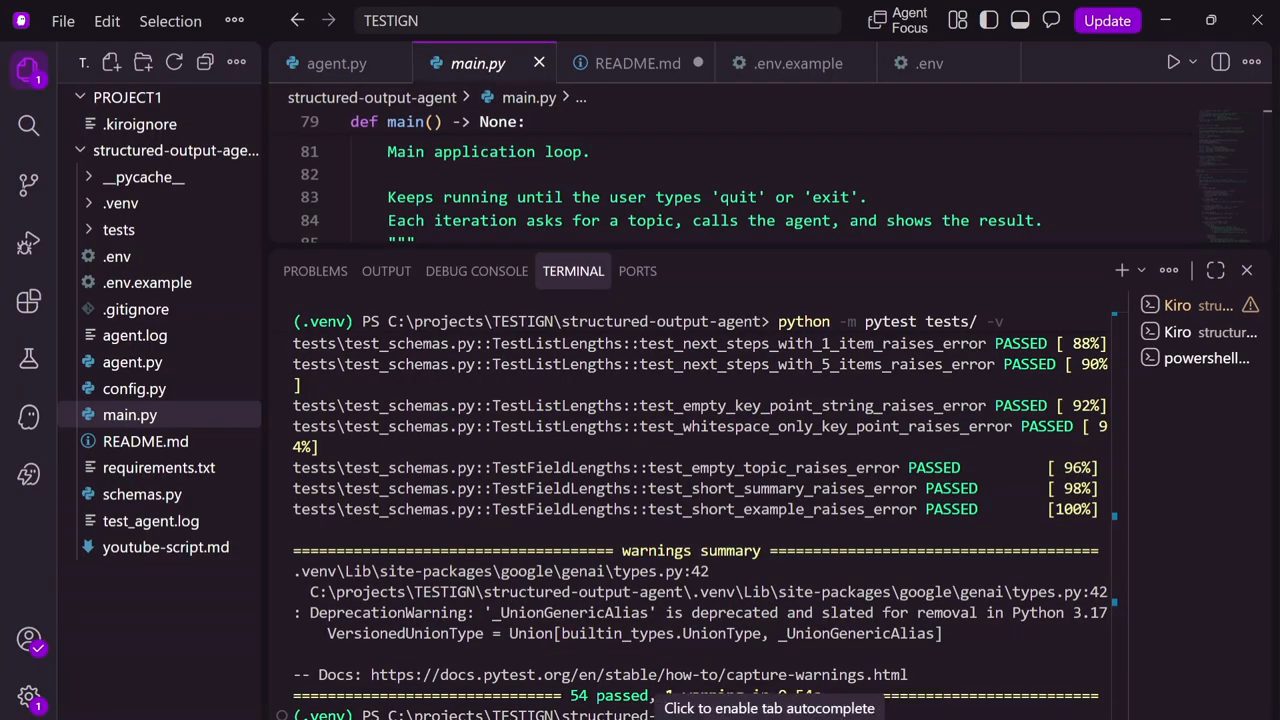 Terminal chạy python -m pytest tests/ -v với các test TestListLengths và TestFieldLengths đều PASSED