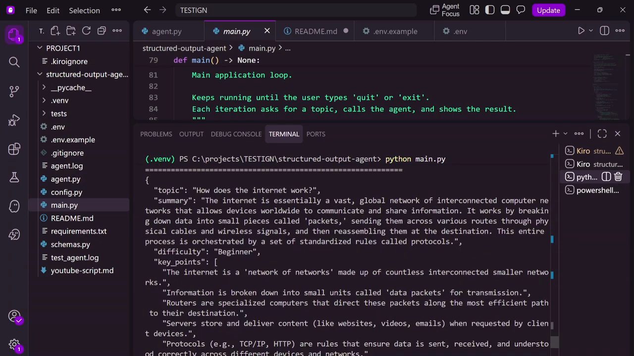 JSON trả lời How does the internet work với summary, difficulty Beginner và key_points