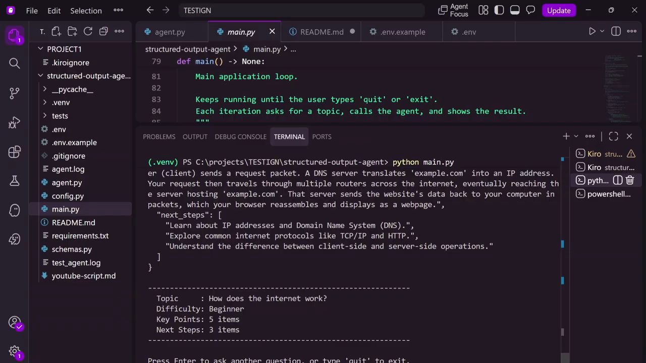 Cuối output: next_steps và bảng tóm tắt Topic, Difficulty, Key Points 5 items, Next Steps 3 items
