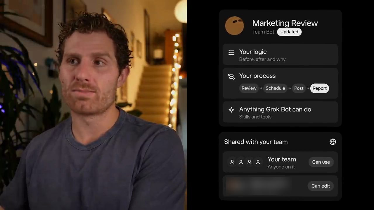Matt Palmer bên cạnh thẻ Marketing Review Team Bot với ba dòng Your logic, Your process, Anything Grok Bot can do