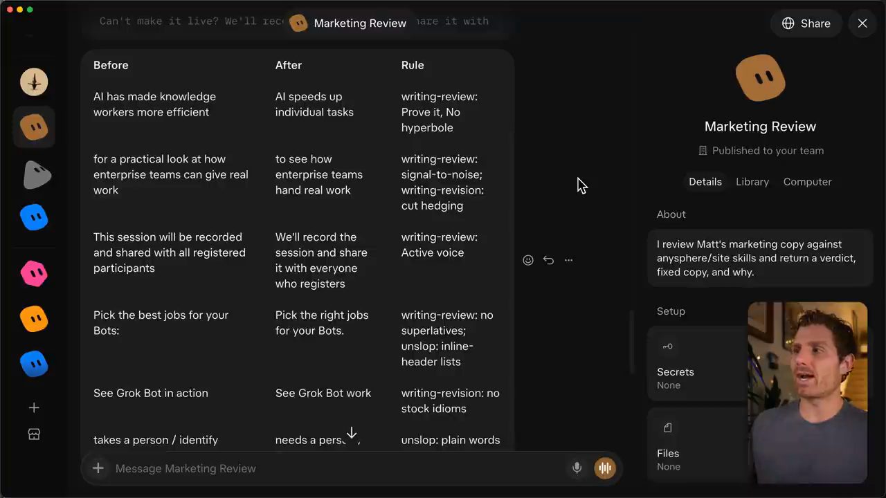 Kết quả của Marketing Review bot: bảng Before, After và Rule cho từng câu copy