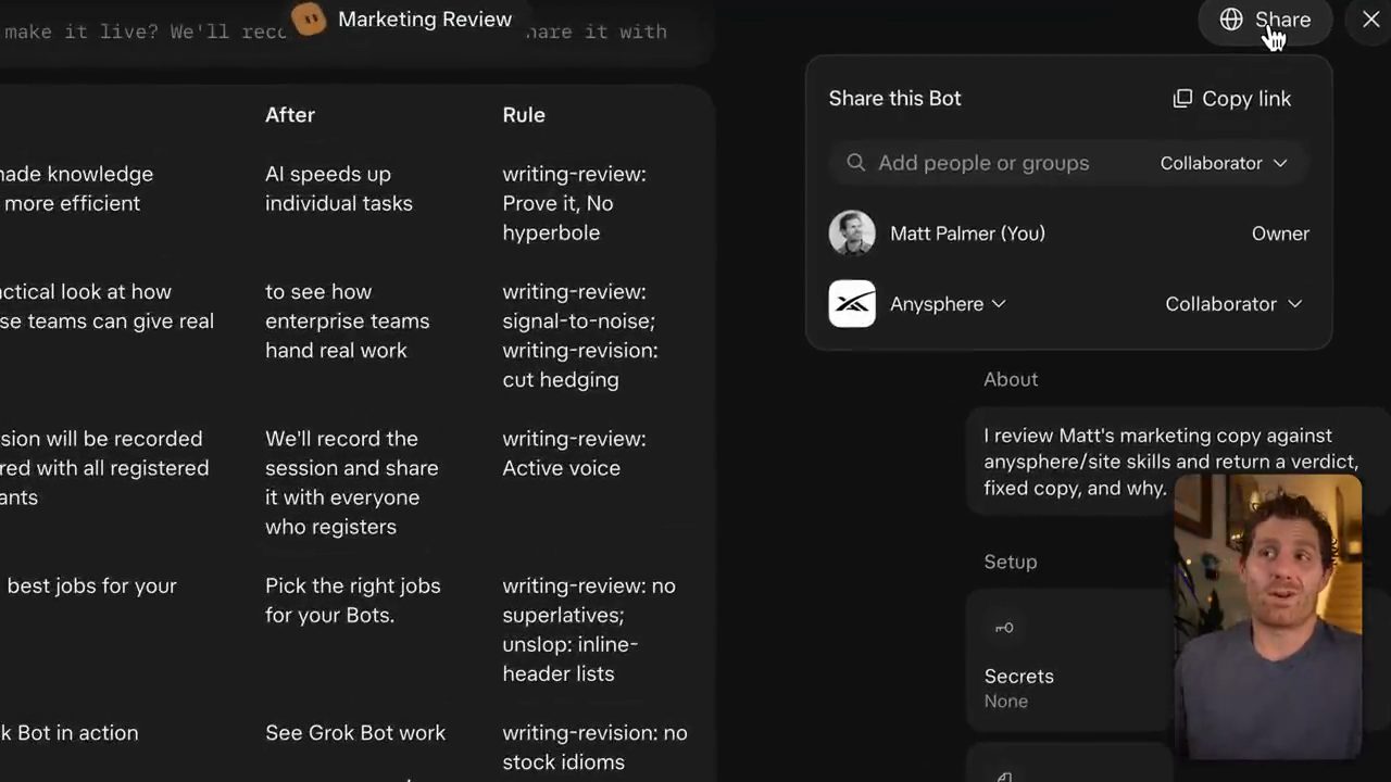 Menu Share this Bot với Matt Palmer là Owner và cả tổ chức là Collaborator