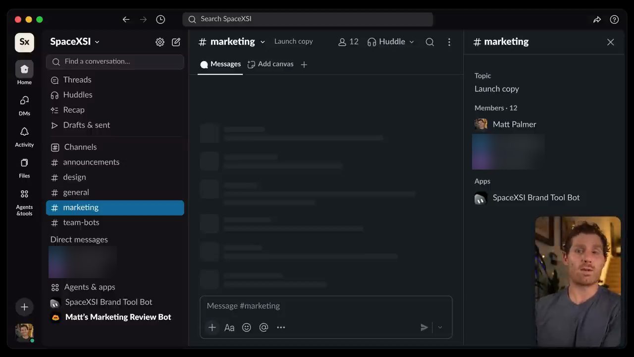 Slack workspace với kênh marketing và Matt's Marketing Review Bot trong danh sách app