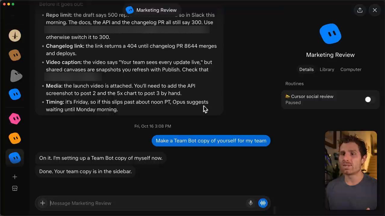 Chat với Marketing Review: lệnh Make a Team Bot copy of yourself for my team và câu trả lời Done