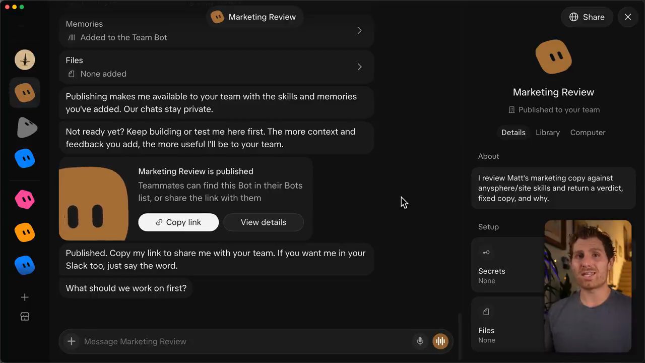 Thẻ Marketing Review is published với hai nút Copy link và View details