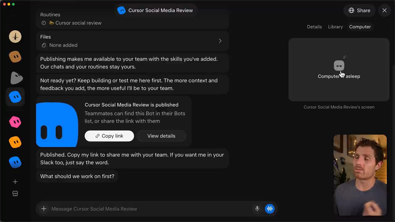 Tab Computer của bot Cursor Social Media Review hiển thị Computer asleep
