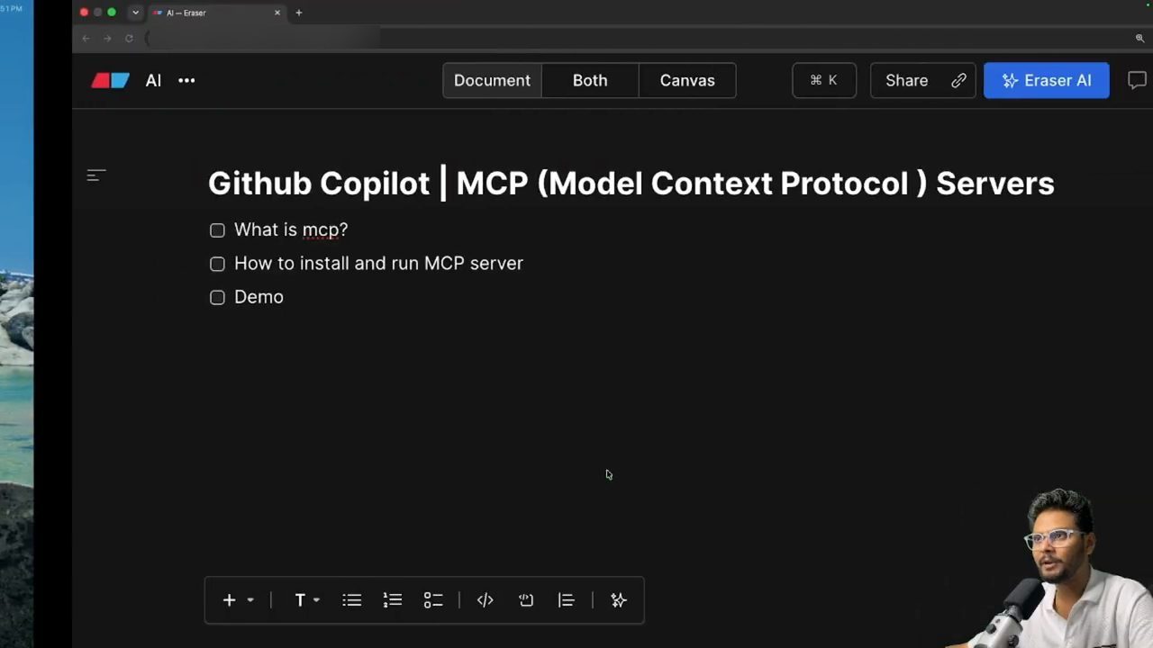 Trang Eraser với tiêu đề Github Copilot MCP Servers và ba mục agenda